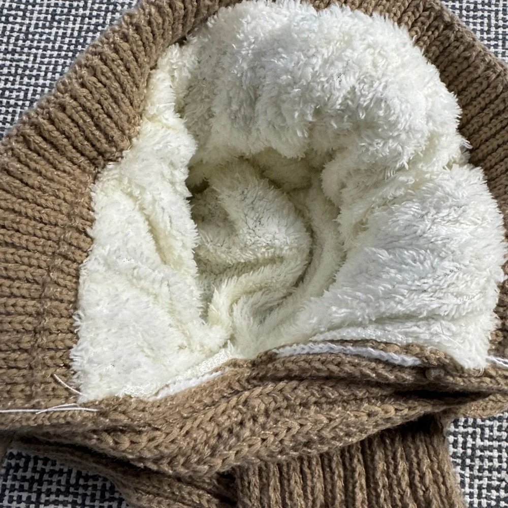 Brown Knit Beanie Scarf Set Fleece Lined Pom Pom Winter Hat Scarf Combo One Size